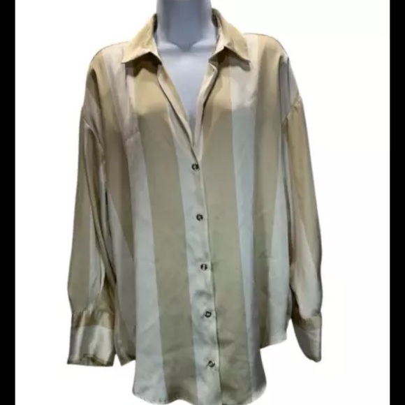 ZARA WOMEN SATIN OVERSIZE V-NECK LONG SLEEVE SAND BEIGE SIZE MEDIUM - Picture 8 of 8